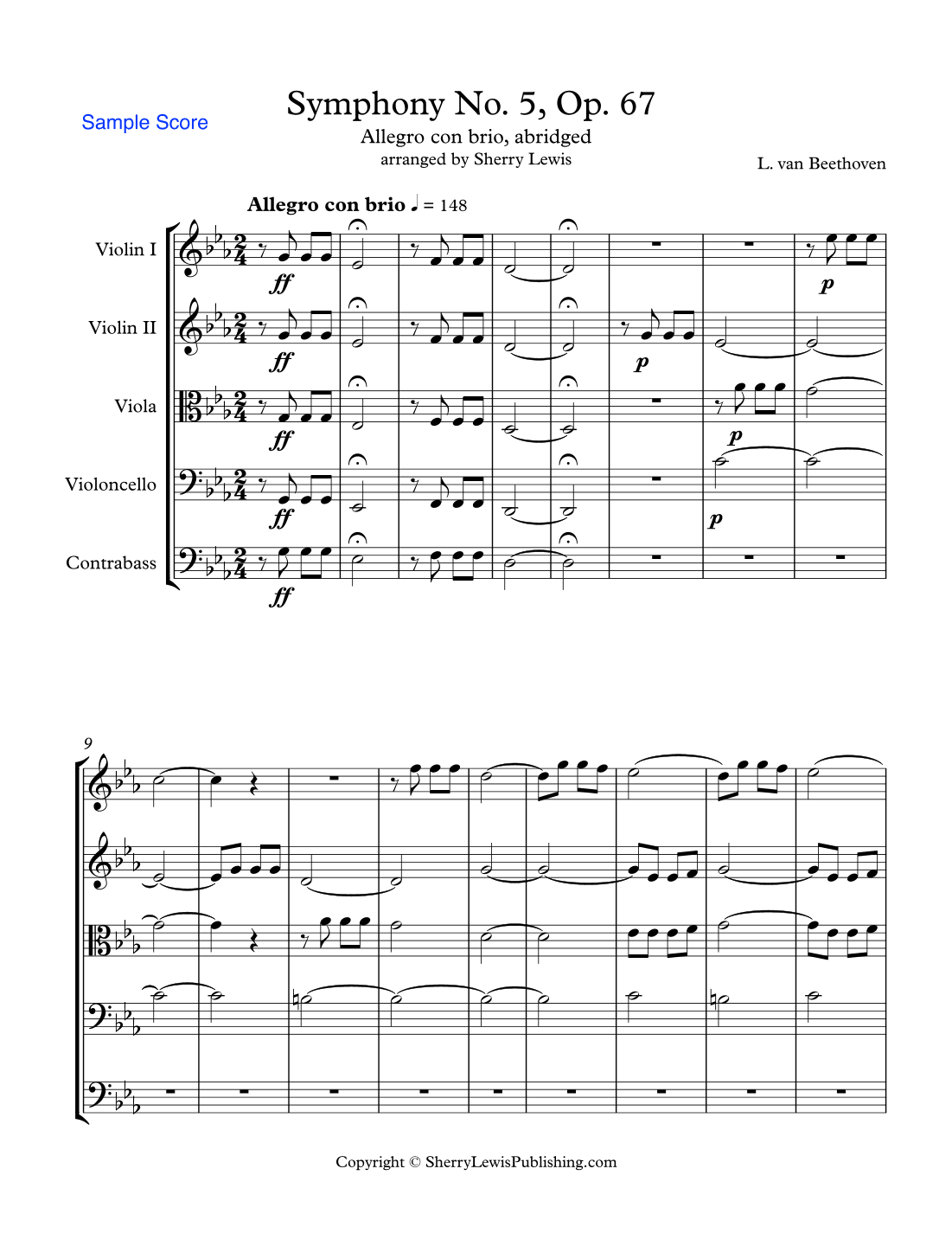 SYMPHONY NO. 5 OP. 67, BEETHOVEN - ALLEGRO CON BRIO, String Orchestra, Abridged, Intermediate Level (arr. Sherry Lewis)