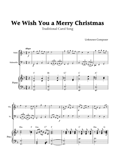 We Wish you a Merry Christmas for Violin and Cello Duet with Piano (arr. Rika K.)