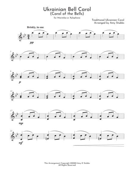 Ukrainian Bell Carol (Carol of the Bells) for Marimba or Xylophone (arr. Amy E Stubbs)