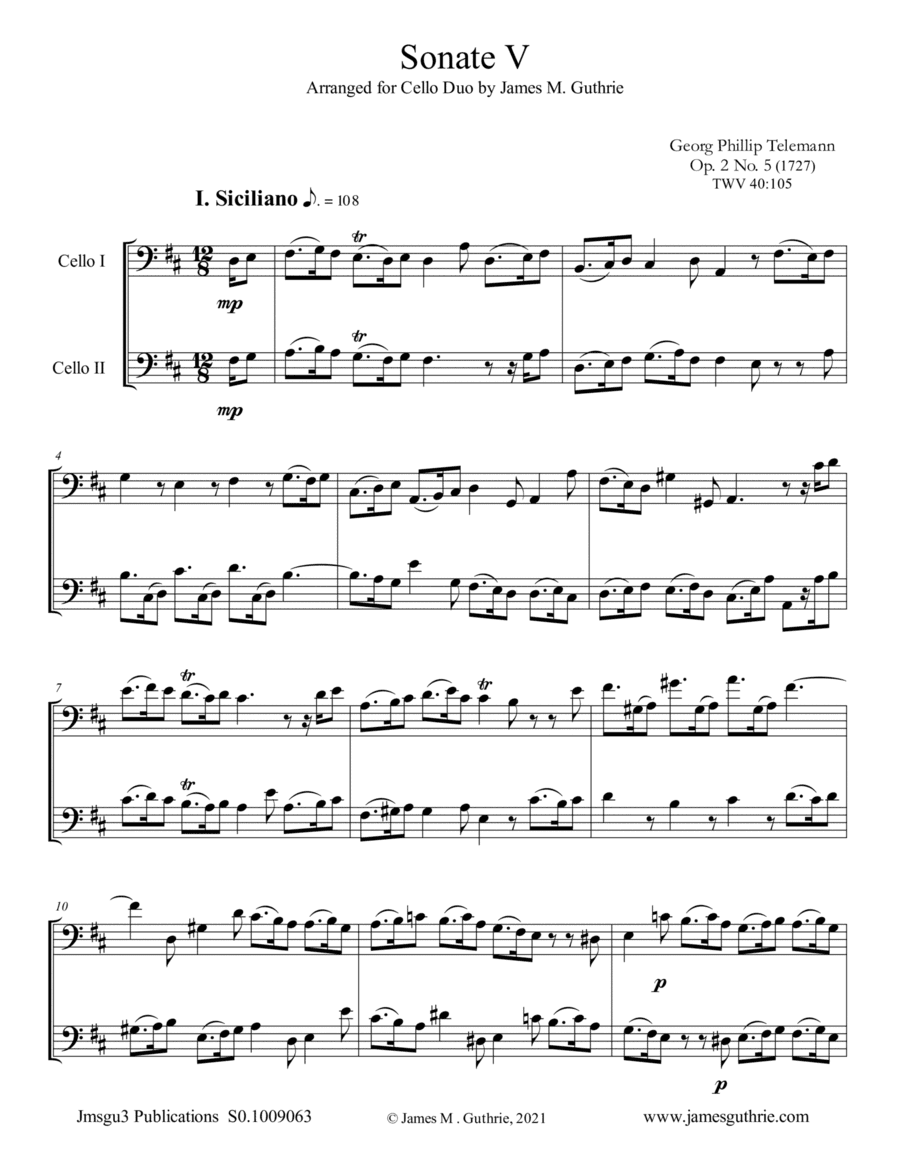 Telemann: Sonata Op. 2 No. 5 for Cello Duo (arr. James M. Guthrie)