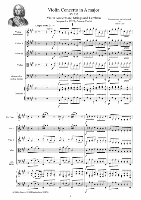 Vivaldi - Violin Concerto in A major RV 352 for Violin, Strings and Cembalo (arr. Santino Cara)