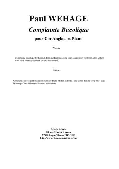 Paul Wehage: Complainte Bucolique for english horn and piano