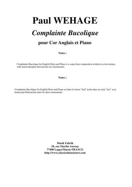 Paul Wehage: Complainte Bucolique for english horn and piano