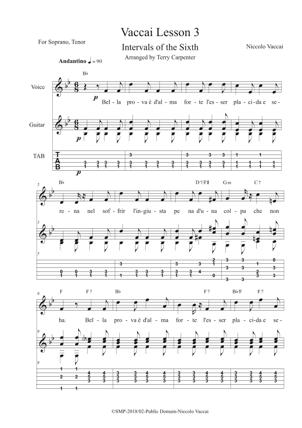 Vaccai-Lesson 3  Intervals of the Sixth for Tenor and soprano voice with guitar (arr. Terry Carpenter)