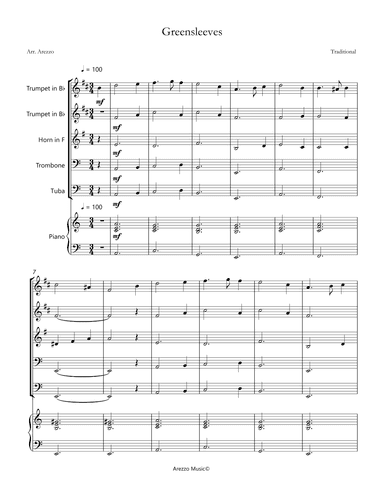 greensleeves brass quintet and piano sheet music (arr. Arezzo Music)