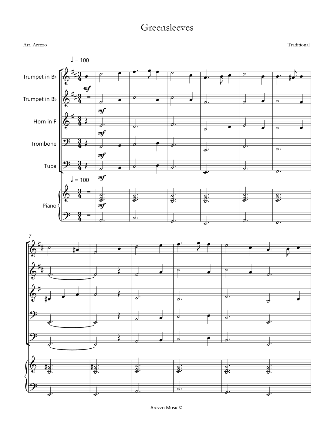 greensleeves brass quintet and piano sheet music (arr. Arezzo Music)