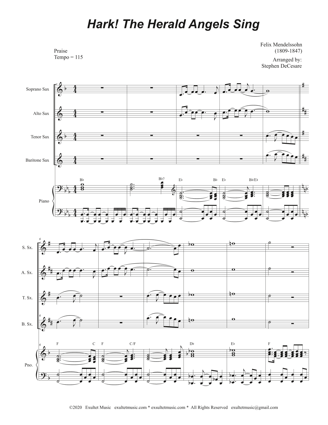 Hark! The Herald Angels Sing (Saxophone Quartet and Piano) (arr. Stephen DeCesare)