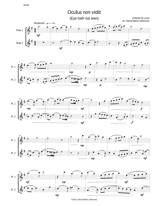 Oculus non vidit (Eye has not seen) for 2 baroque flutes (arr. David Warin Solomons)