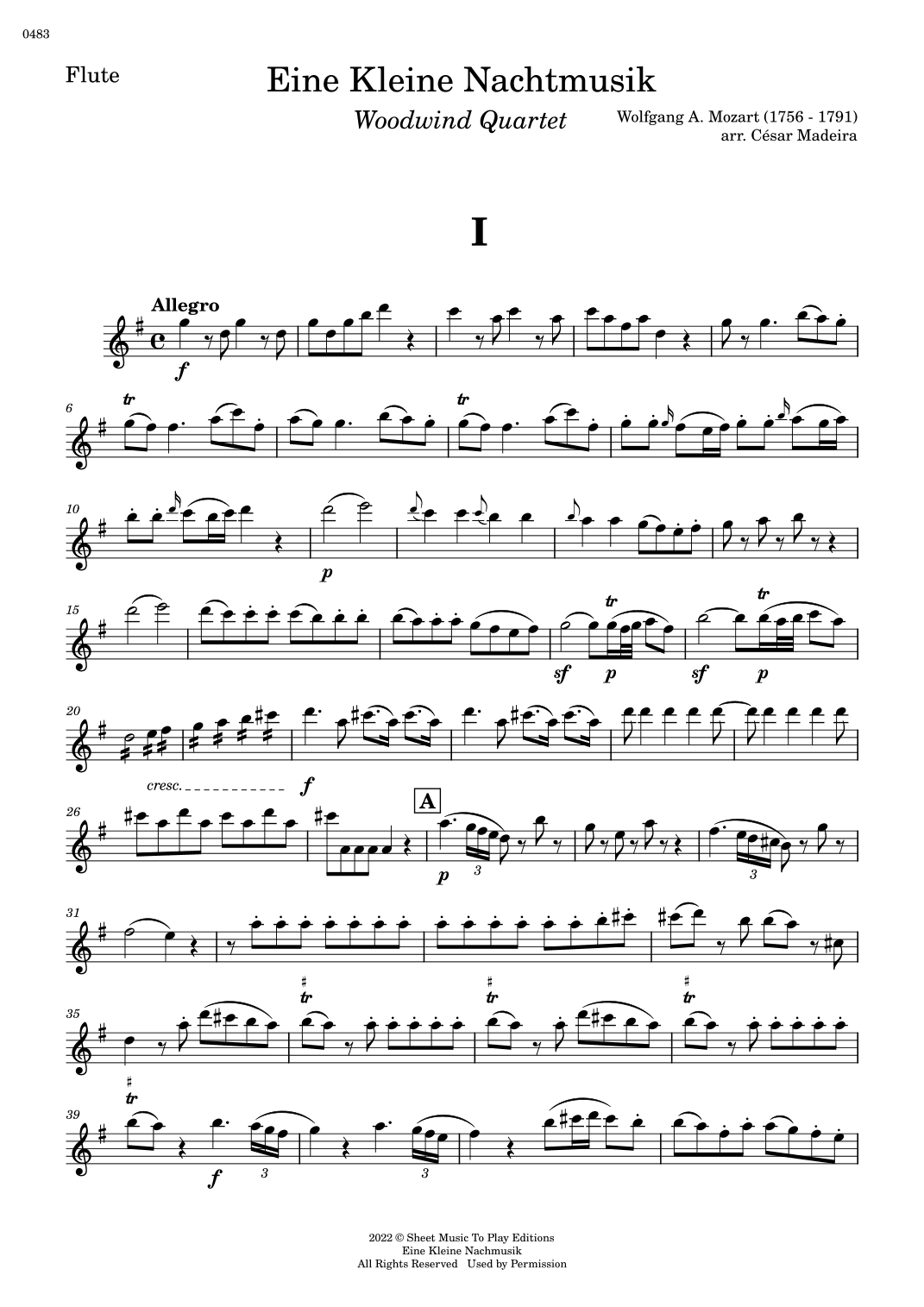 Eine Kleine Nachtmusik (1 mov.) - Woodwind Quartet (Individual Parts) (arr. César Madeira)