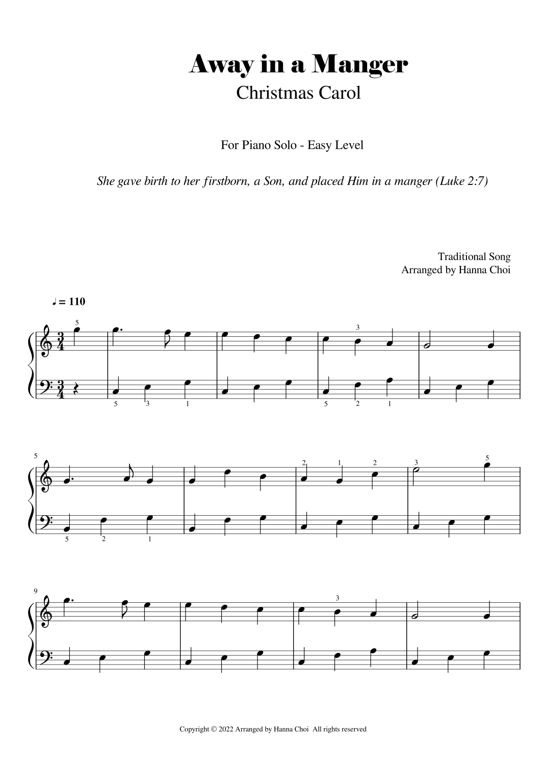 Away In a Manger - Christmas Carol [for Piano Solo / Easy Level] (arr. Hanna Choi)