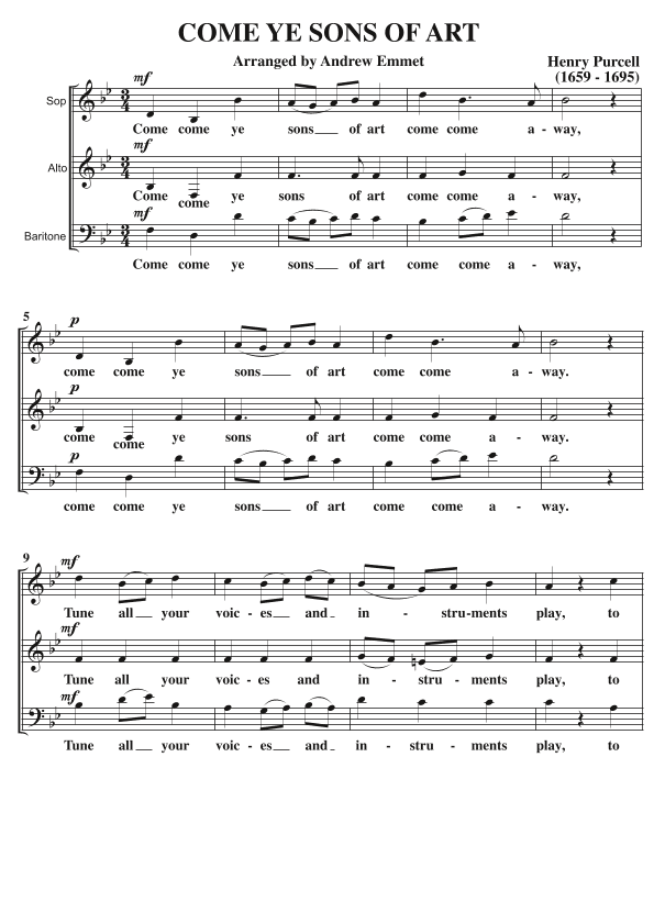 Come Ye Sons Of Art A Cappella SAB (arr. Andrew Emmet)