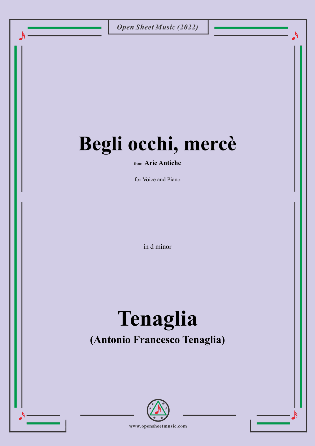 Tenaglia-Begli occhi,mercè,from Arie Antiche(Anthology of Italian Song),in d minor,for Voice and Pia (arr. OSM Press)