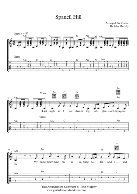 Spancil Hill  Irish Folk Song Notes Tab Chords Lyrics For Guitar (arr. John Murphy C.S.M.V.)