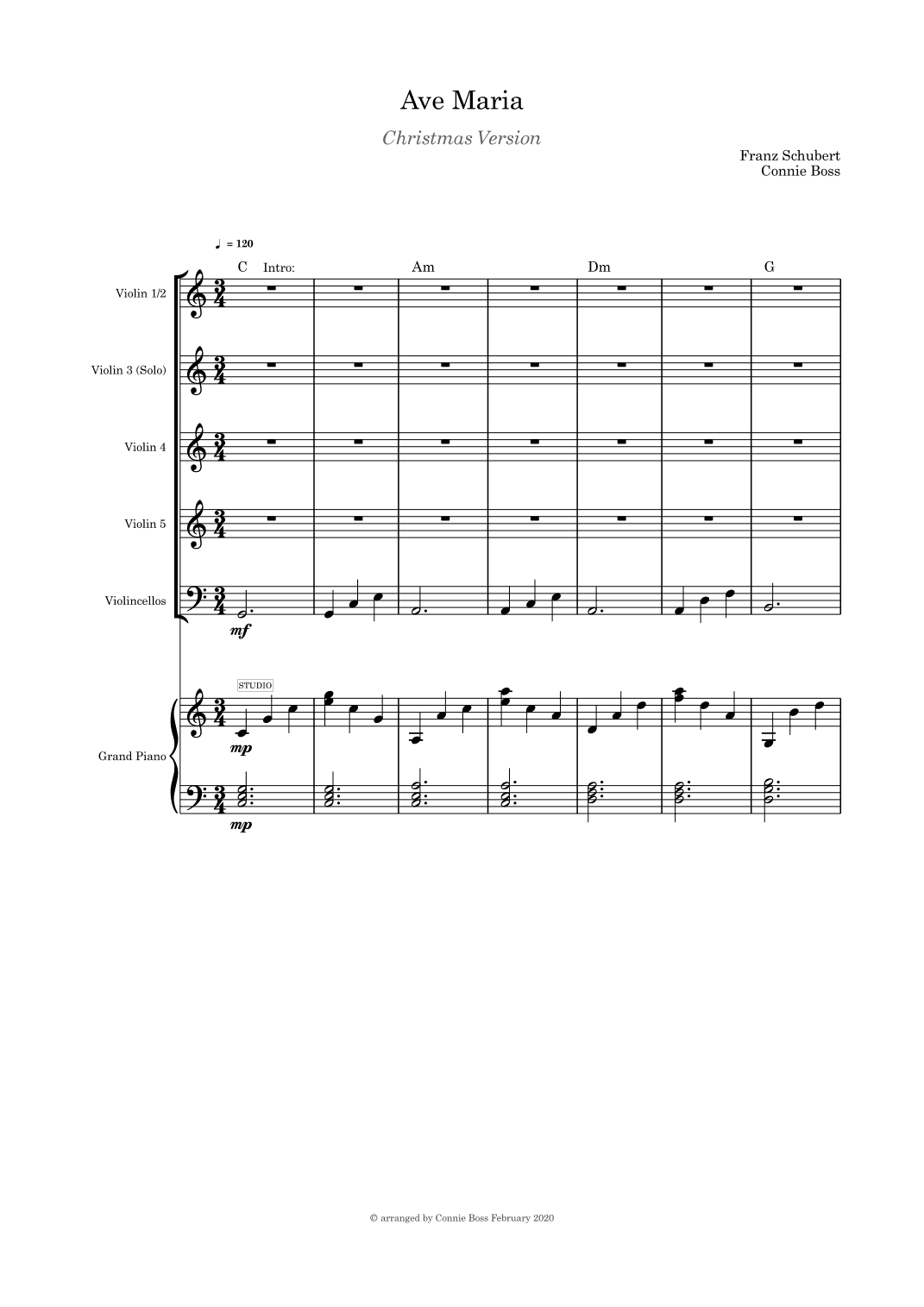 Ave Maria Christmas Verson Violin Solo with Strings Quintet and Piano (arr. Connie Boss)