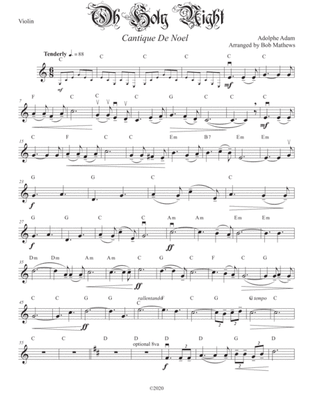 Oh Holy Night (Cantique De Noel) for Violin Solo (arr. bobsorchestramusic.com)
