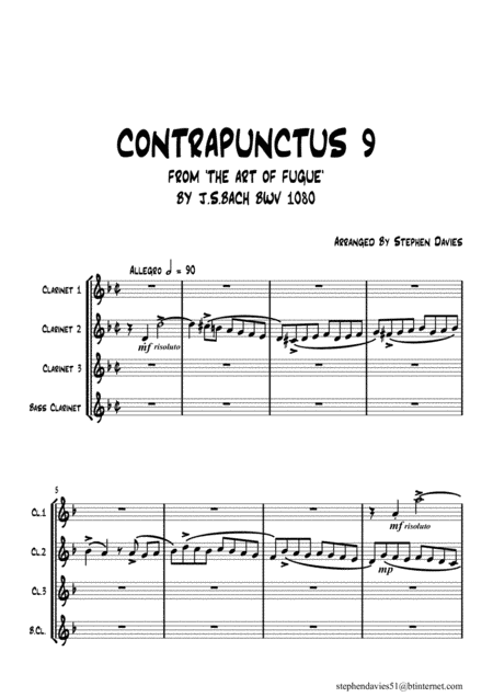 'Contrapunctus 9' By J.S.Bach BWV 1080 from 'The Art of the Fugue' for Clarinet Quartet. (arr. Stephen Davies)