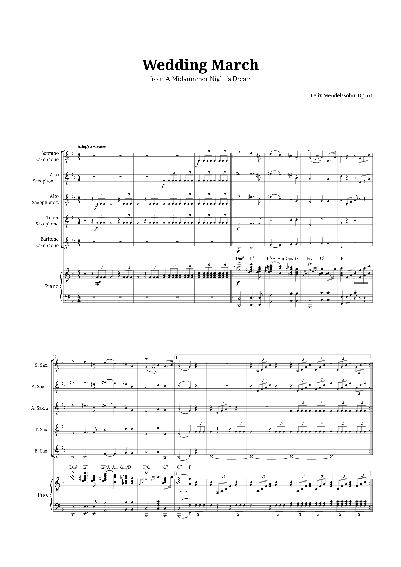 Wedding March by Mendelssohn for Sax Quintet and Piano with Chords (arr. Langanho)