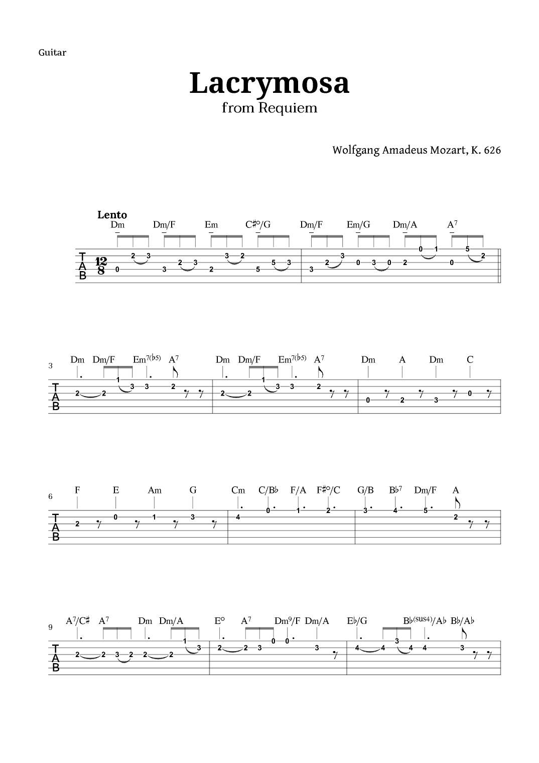 Lacrymosa from Requiem by Mozart for Guitar TAB (arr. Langanho)