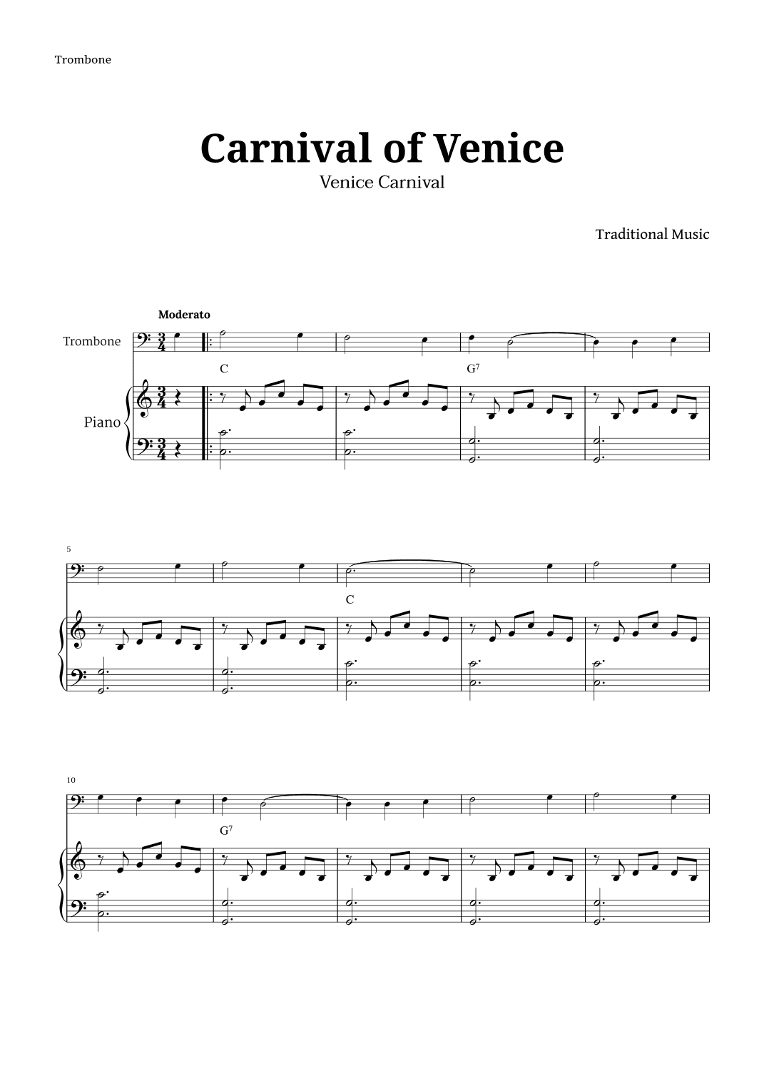 Carnival of Venice for Trombone and Piano (arr. Langanho)