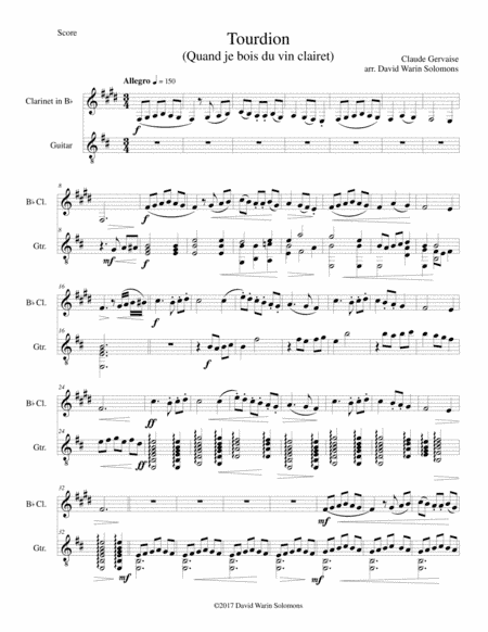 Tourdion (Quand je bois du vin clairet) for clarinet and guitar (arr. David Warin Solomons)