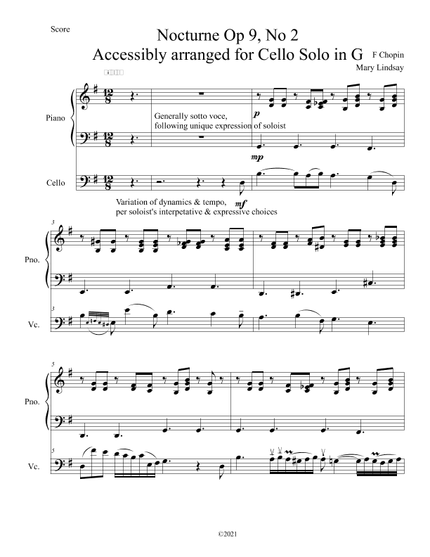 Nocturne, Op. 9, No. 2 for Cello Solo & Piano Score (arr. Mary Lindsay, AccessibleCello.com)