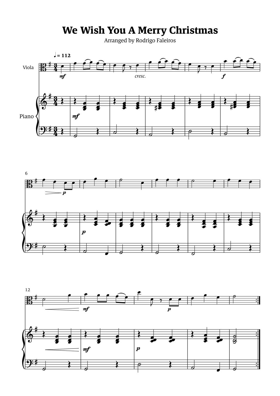 We Wish You a Merry Christmas (for solo viola with piano accompaniment) (arr. Rodrigo Faleiros)