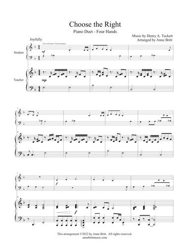 Choose the Right (elementary student/teacher piano duet, key of F) (arr. Anne Britt)