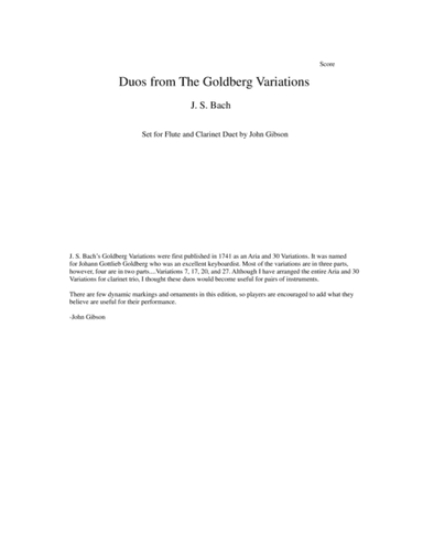 J. S. Bach Duos from The Goldberg Variations set for Flute and Clarinet (arr. John Gibson)