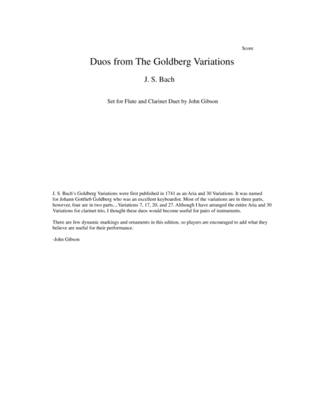 J. S. Bach Duos from The Goldberg Variations set for Flute and Clarinet (arr. John Gibson)