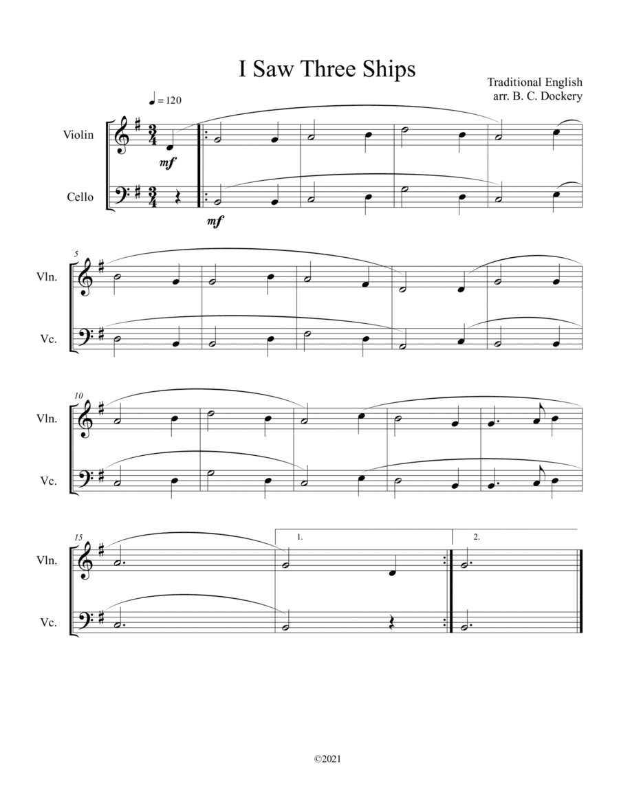 I Saw Three Ships (Violin and Cello Duet) (arr. B. C. Dockery)
