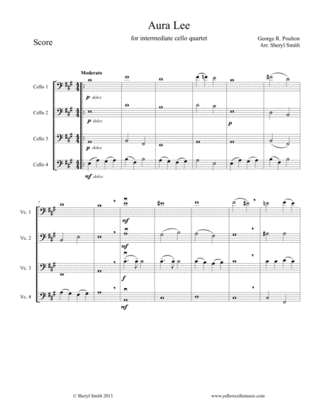 Aura Lea, arranged for four cellos / cello quartet (arr. Yellow Cello Music)