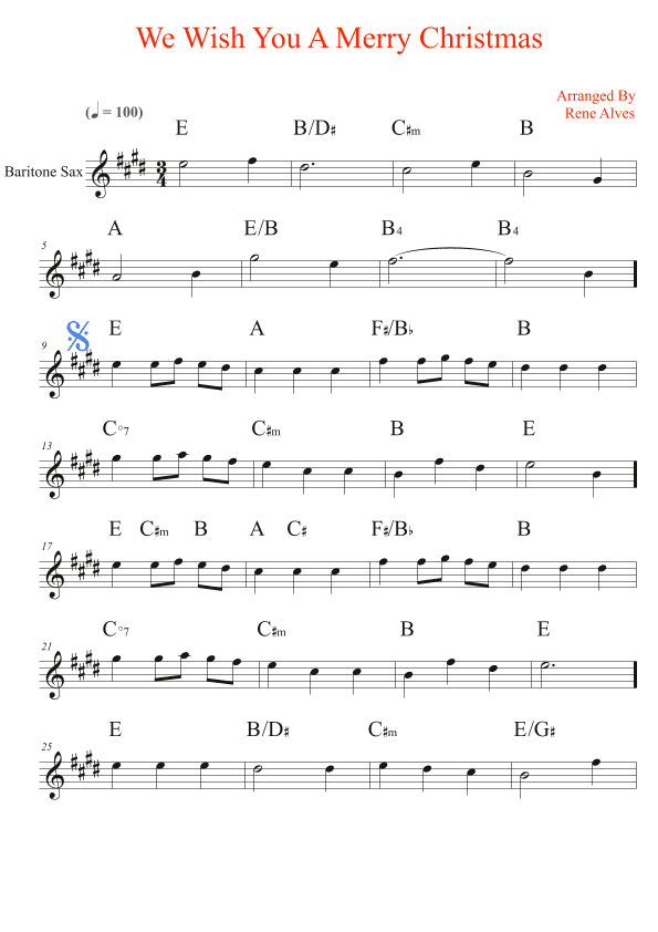 We Wish You A Merry Christmas, baritone sax sheet music and melody for the beginning musician (easy) (arr. Rene Alves)