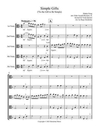 Simple Gifts ('Tis the Gift to Be Simple) (F) (Viola Quintet) (arr. Regis Bookshar)
