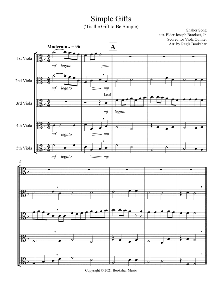 Simple Gifts ('Tis the Gift to Be Simple) (F) (Viola Quintet) (arr. Regis Bookshar)