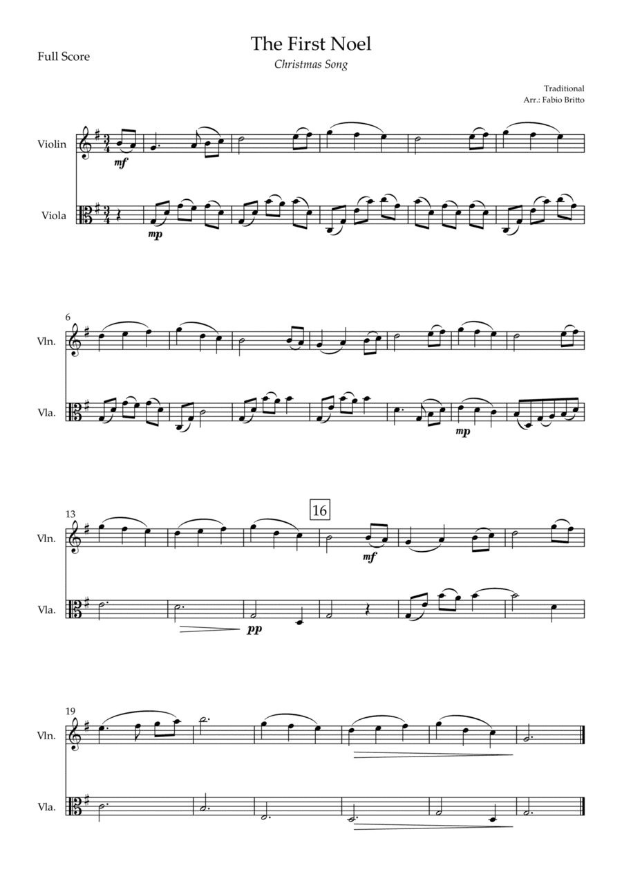 The First Noel (Christmas Song) for Violin & Viola Duo (arr. Fabio Britto)