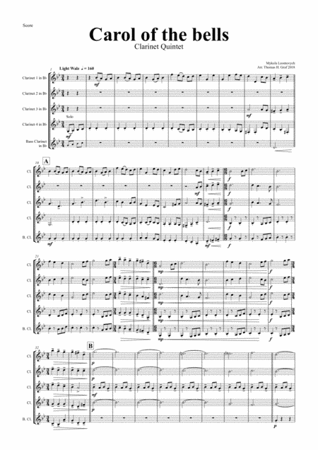 Carol of the Bells - Pentatonix style - Clarinet Quintet (arr. Thomas H. Graf)