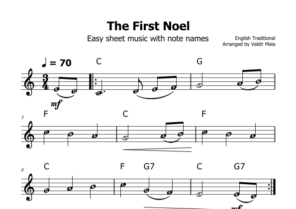 The First Noel - (C Major - with note names) (arr. Valdir Maia)