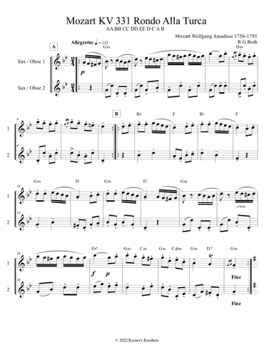 Mozart Rondo Alla Turca for Saxophone (arr. R G Roth)
