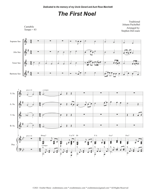 The First Noel (Saxophone Quartet and Piano) (arr. Stephen DeCesare)