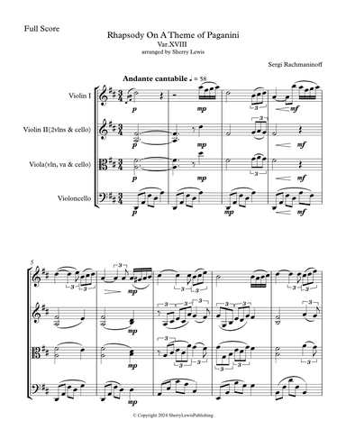 RHAPSODY ON A THEME OF PAGANINI - String Trio, Intermediate Level for 2 violins and cello or violin, (arr. Sherry Lewis Publishing)