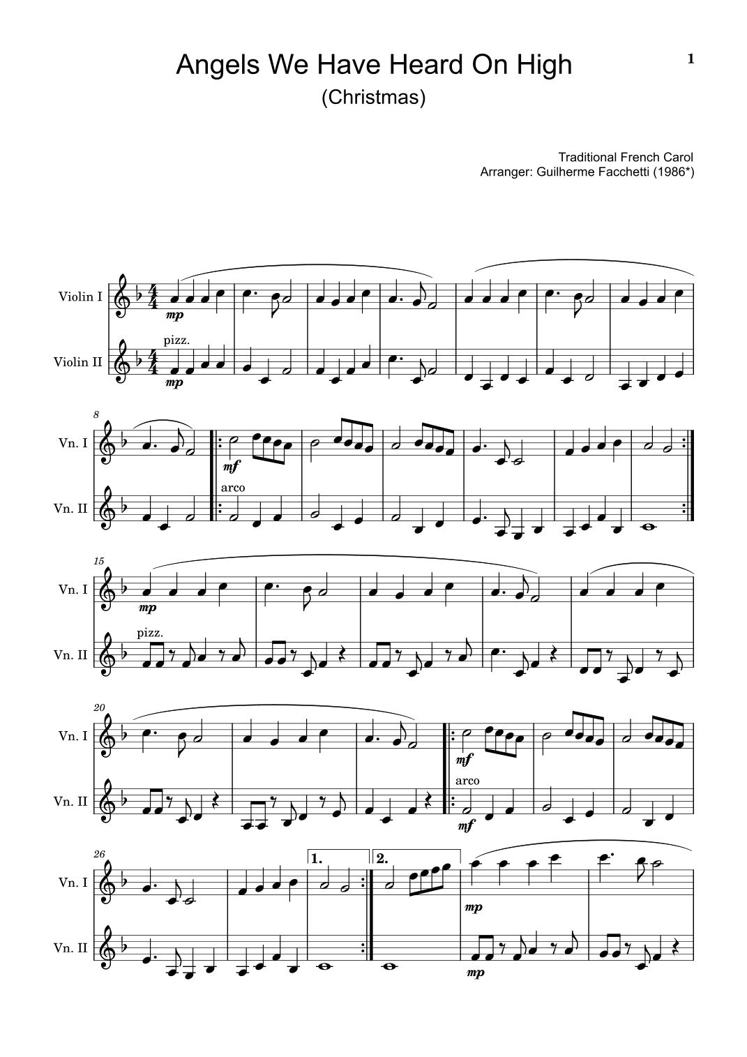Angels We Have Heard On High - Arranged for Violin and Viola. (arr. Guilherme Facchetti)