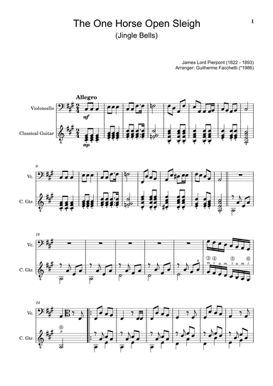 The One Horse Open Sleigh (Jingle Bells) - Arranged for Cello and Classical Guitar (With Parts) (arr. Guilherme Facchetti)
