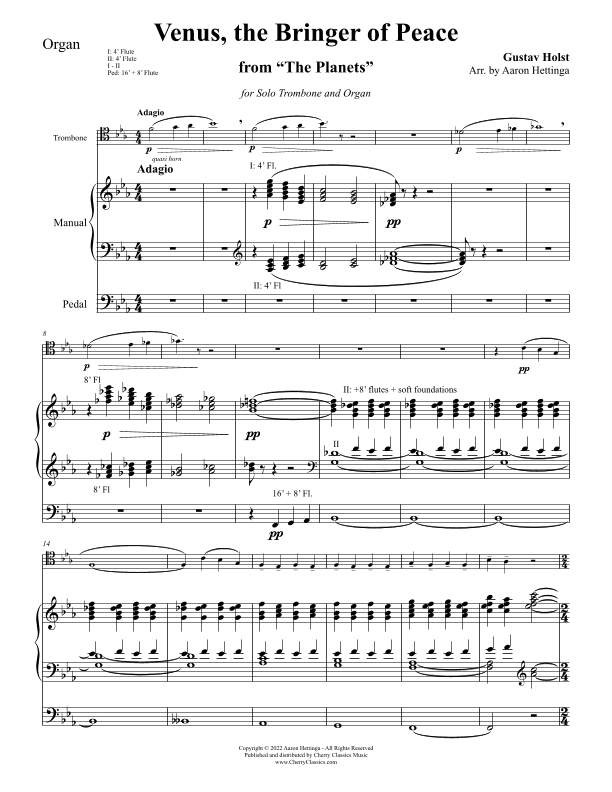 Venus, Bringer of Peace from "The Planets" for Trombone and Organ (arr. Aaron Hettinga)