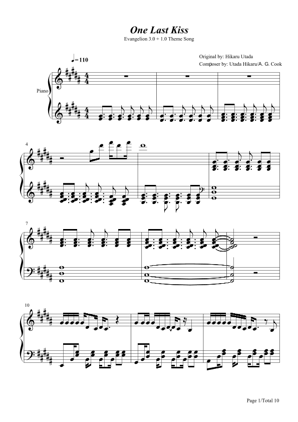 One Last Kiss,Utada Hikaru,(from Rebuild of Evangelion)Piano Solo Sheet