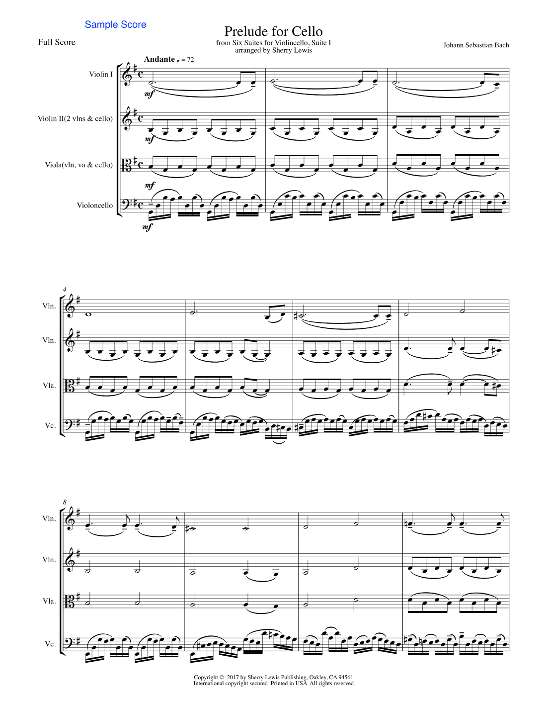 PRELUDE FROM CELLO SUITE NO. 1 by Bach String Trio, Intermediate Level for 2 violins and cello or vi (arr. Sherry Lewis)