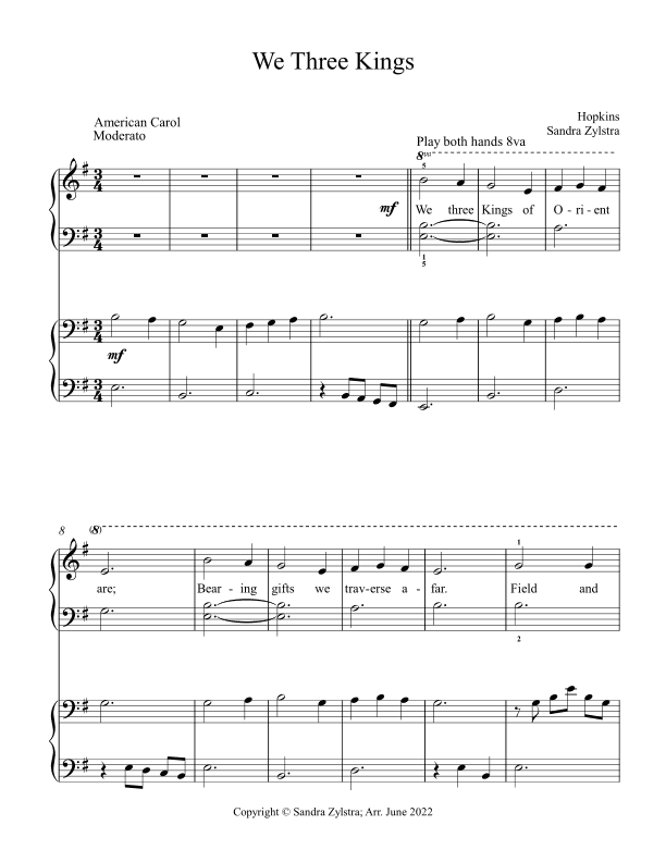 We Three Kings (elementary piano with optional duet) (arr. Sandra Zylstra)