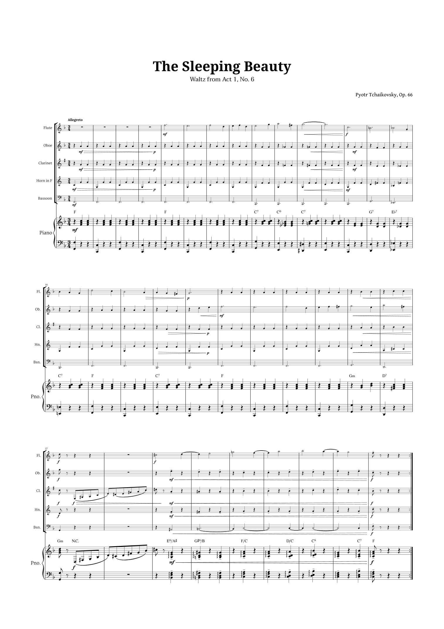 The Sleeping Beauty Waltz for Woodwind Quintet and Piano (arr. Langanho)