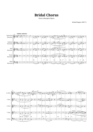 Bridal Chorus by Wagner for Recorder Quintet with Chords (arr. Langanho)