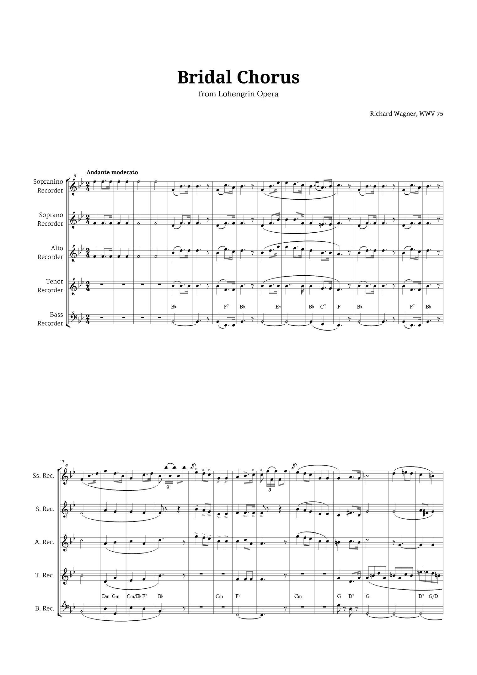 Bridal Chorus by Wagner for Recorder Quintet with Chords (arr. Langanho)