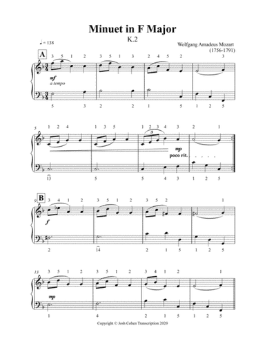Minuet in F Major - Wolfgang Amadeus Mozart (Easy to read) (arr. Transcription by Josh Cohen)
